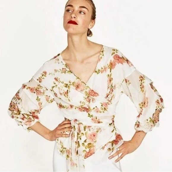 Zara Woman Wrap-Around Roses Floral Print Blouse w Deep V-Neck Cream & Peach - Picture 1 of 8